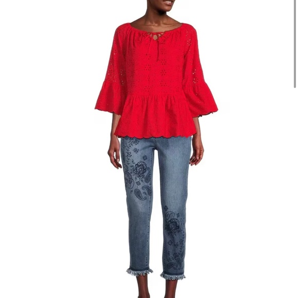 John Mark Tops - NWT JOHN MARK EYELET RUFFLE PEASANT TUNIC FRONT TIES Sz S